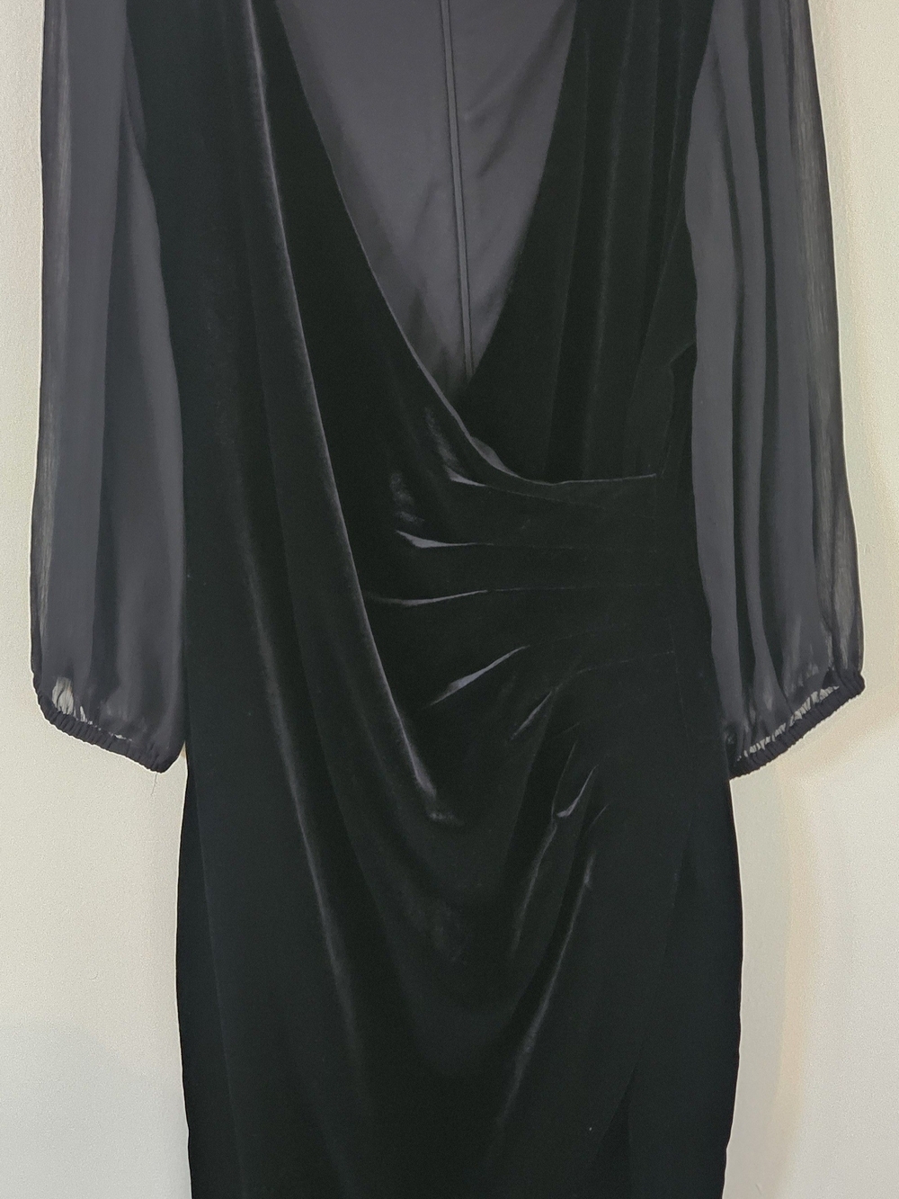 Harper Black Velvet Wrap-Style Midi Dress with Sheer Sleeves. Formal, Holiday